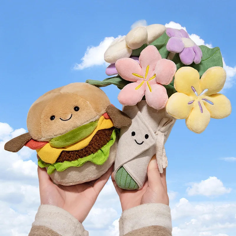 Hamburger knuffel en blije bloemen knuffel