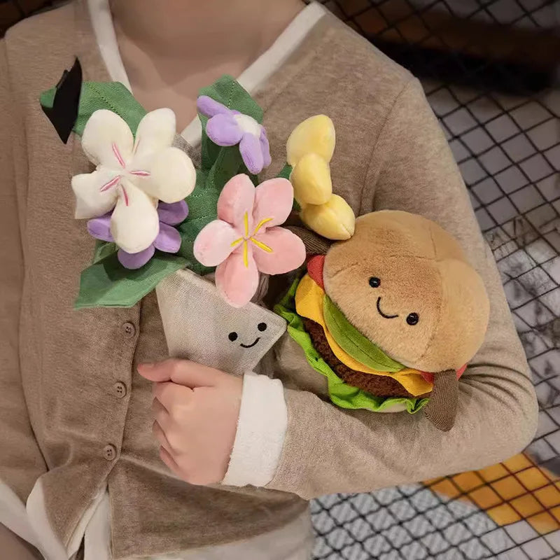 Hamburger knuffel en blije bloemen knuffel